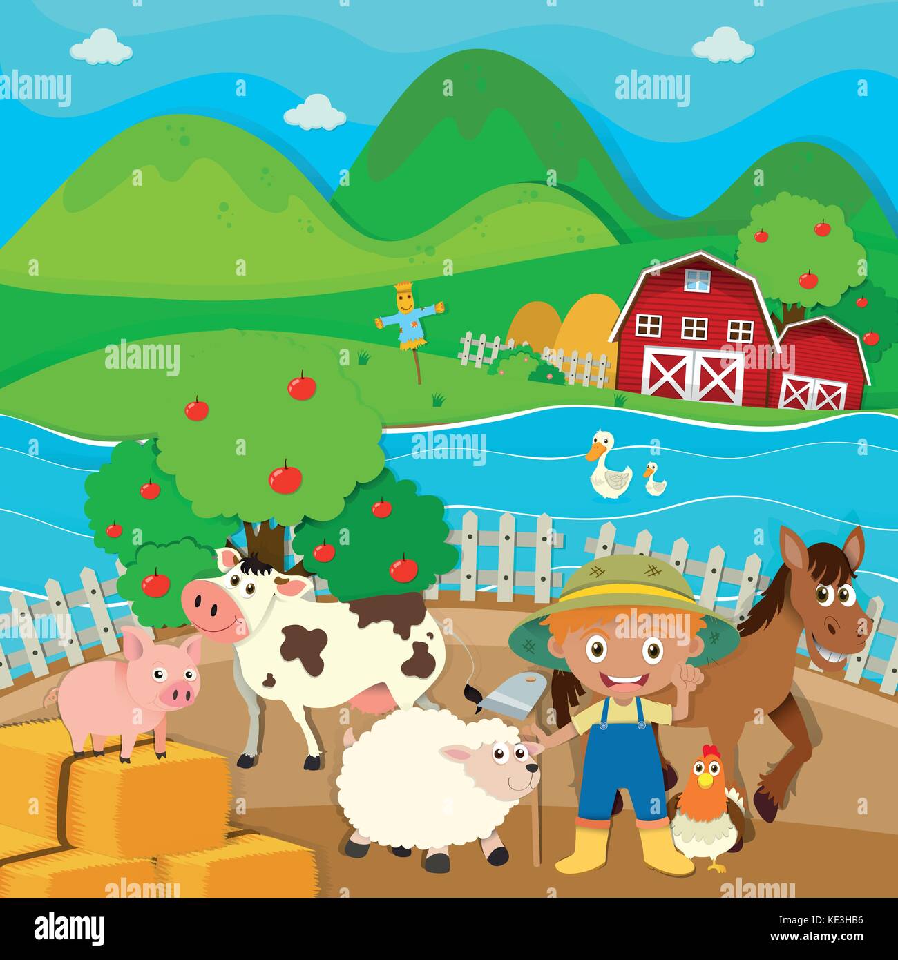 Farm theme with farmer and farm animals illustration Stock Vector Image & Art - Alamy Farm theme with farmer and farm animals illustration Stock Vector Image & Art - Alamy
