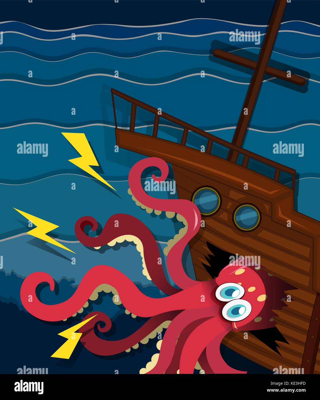Giant octopus crashing a ship illustration Stock Vector