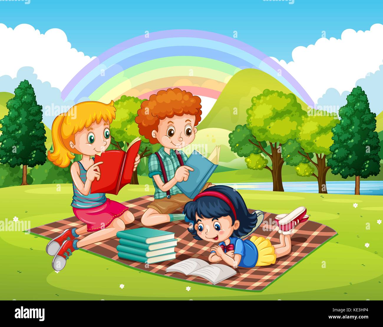 Children reading books in the park illustration Stock Vector Image
