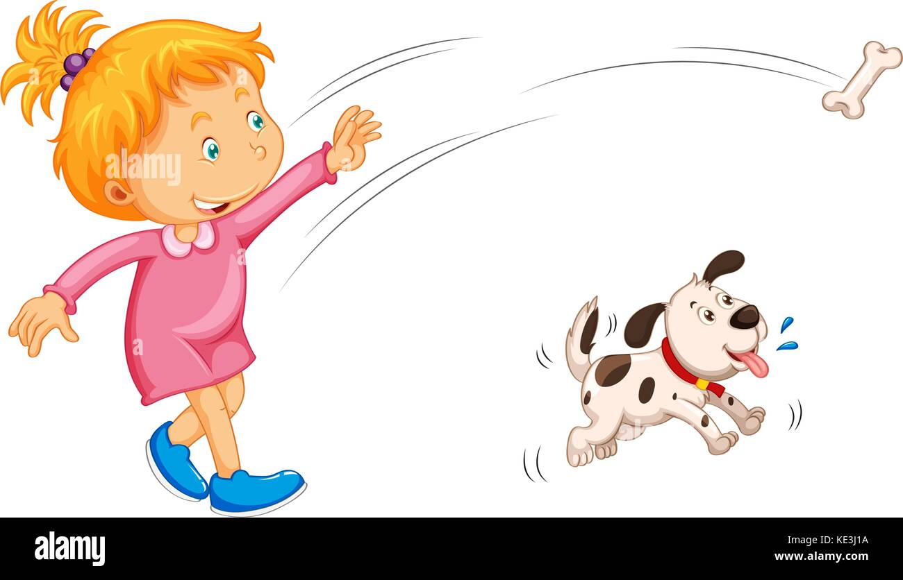 Girl throwing bone and dog catching it illustration Stock Vector