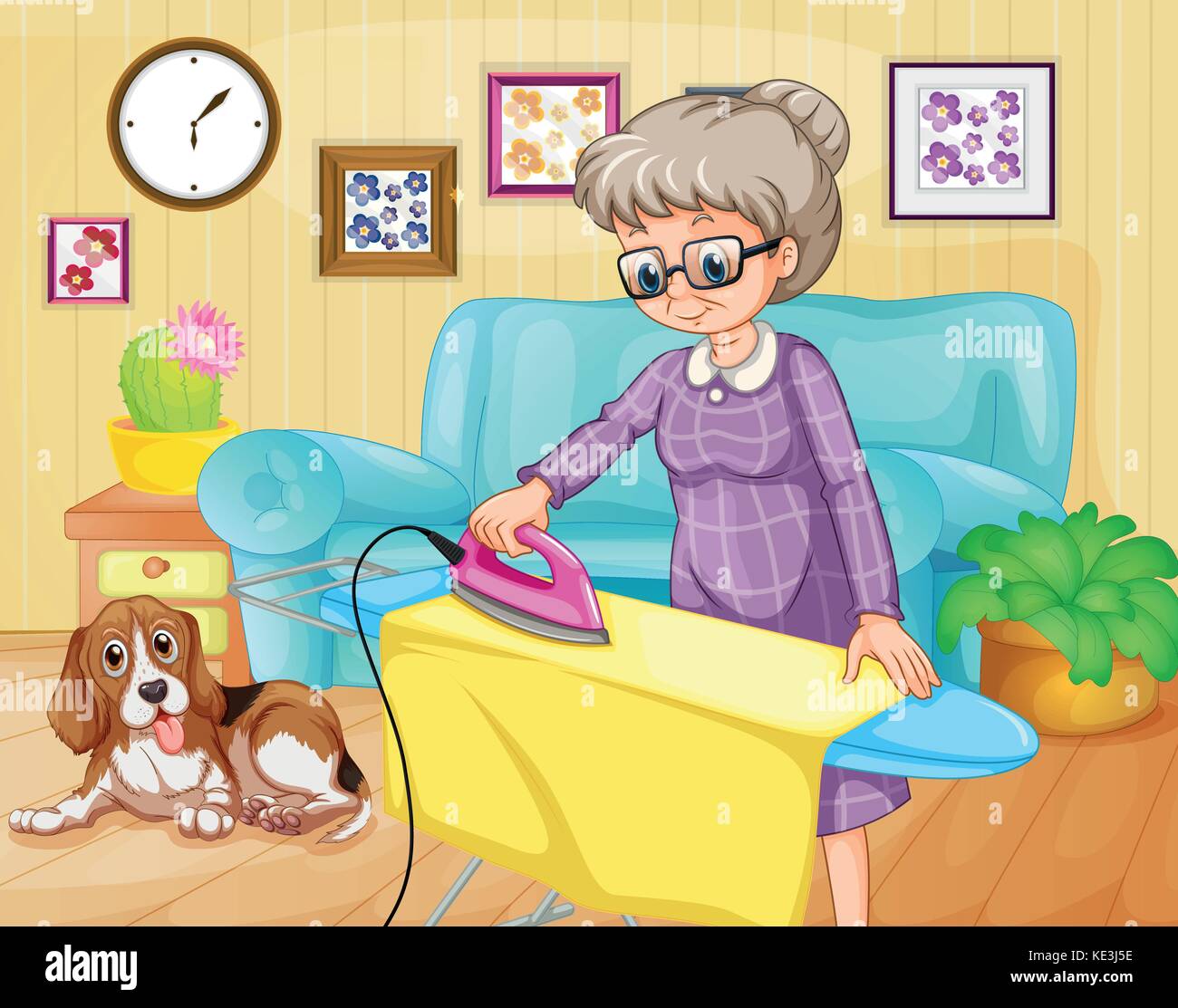 Old woman ironing clothes in a room illustration Stock Vector