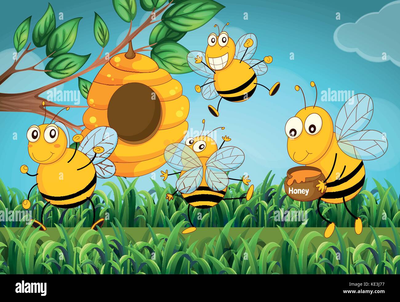 Four Bees Flying Around The Beehive Illustration Stock Vector Image Art Alamy