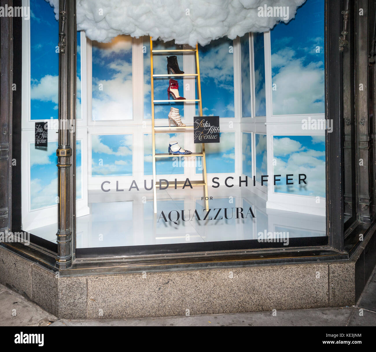 New York City, USA. 17th Oct, 2017. A view of Saks Fifth Avenue windows set for the Claudia Schiffer For Aquazzura Launch Credit: Ovidiu Hrubaru/Alamy Live News Stock Photo