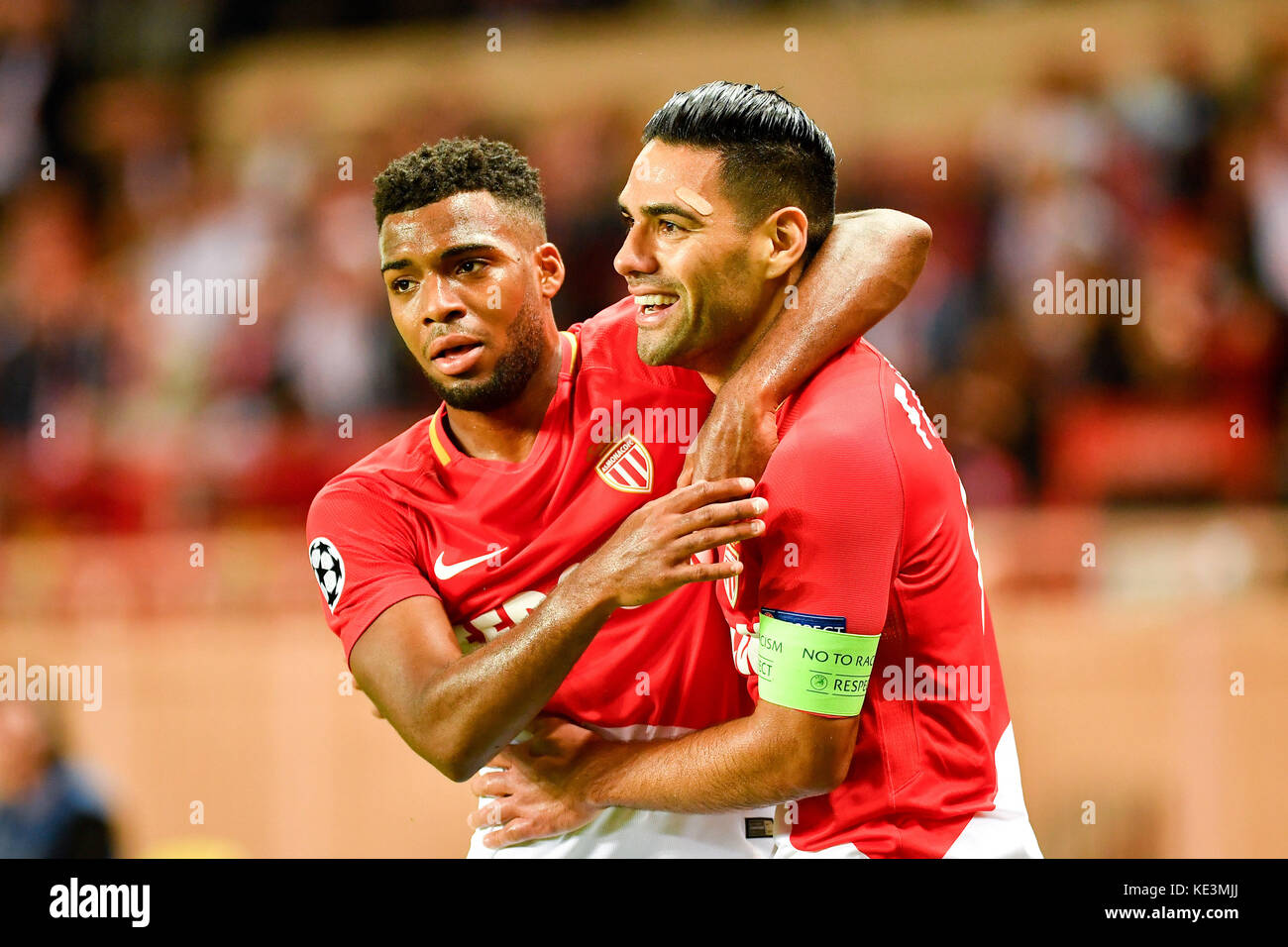 (171018) -- FONTVIEILLE, Oct. 18, 2017 (Xinhua) -- Radamel Falcao (R) of Monaco celebrates with teammate Thomas Lemar after scoring during their match of Group G of 2017-18 Champions League at the Stade de Louis II in Fontvieille, Monaco on Oct. 17, 2017. Monaco was defeated with 1-2. (Xinhua/Chen Yichen) Stock Photo