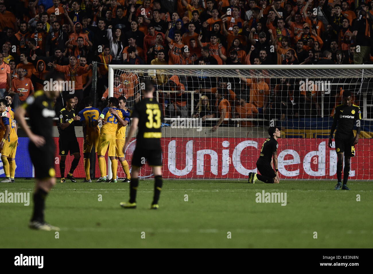 Nicosia, Cyprus. 17th Oct, 2017. Dortmund's players leaves the field after the 1-1 draw at the Champions League group stages qualification match between APOEL Nicosia and Borussia Dortmund in the GSP Stadium in Nicosia, Cyprus, 17 October 2017. Credit: Angelos Tzortzinis/dpa/Alamy Live News Stock Photo