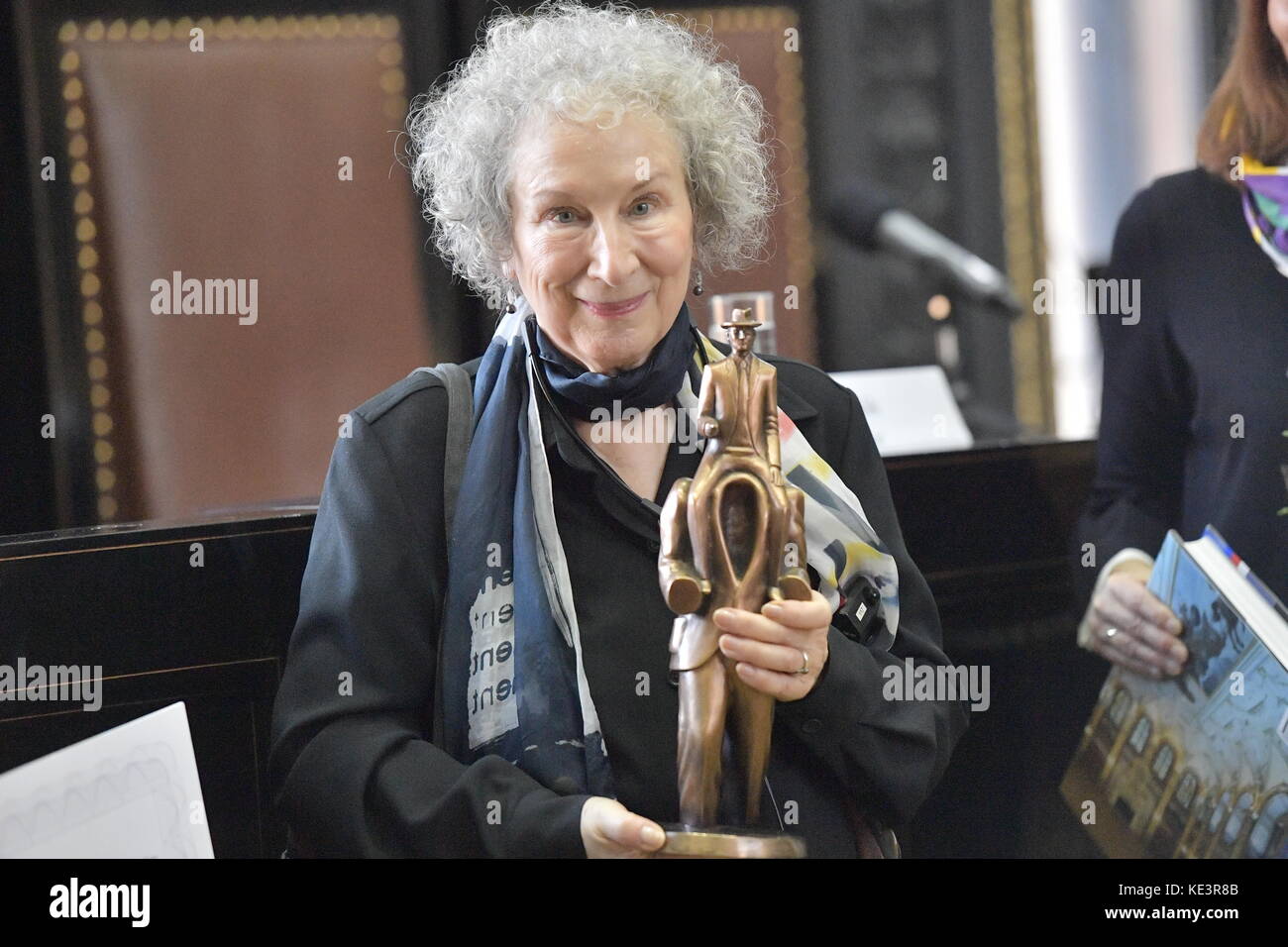 Canadian writer and activist Margaret Atwood, expressed her great admiration for writer Franz Kafka, when she received the international prize bearing his name at the Old Town Hall in Prague, Czech Republic, October 17, 2017. The Franz Kafka Prize is the only international literary award presented in the Czech Republic.This year's laureate, Atwood, has written a number of short stories, novels, books of poetry, literary studies as well as books for children. Her probably most famous book is dystopian novel The Handmaid's Tale (1985) that was adapted into a film in 1990, an opera in 2000 and a Stock Photo