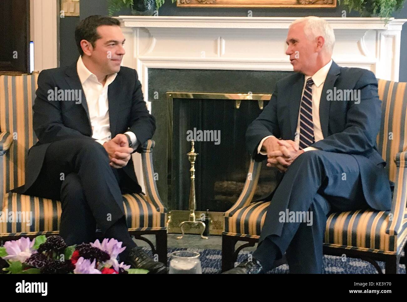 Washington, United States Of America. 18th Oct, 2017. U.S. Vice President Mike Pence, right, during a bilateral meeting with Greek Prime Minister Alexis Tsipras at the White House October 18, 2017 in Washington, DC.  Credit: Planetpix/Alamy Live News Stock Photo