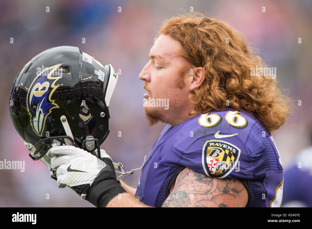 Baltimore, Maryland, USA. 15th Oct, 2017. RYAN JENSEN (66) puts his helmet back on during the game held at M & T Bank Stadium, Baltimore, Maryland. Credit: Amy Sanderson/ZUMA Wire/Alamy Live News Stock Photo