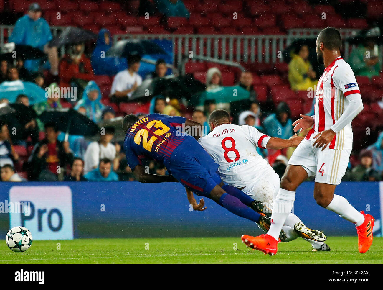 Barcelona, Spain. 18th Oct, 2017. Vadis Odjidja-Ofoe and Samuel Umtiti during the match between FC Barcelona v Olympiakos, corresponding to the Champions League, on october 18, 2017. Credit: Gtres Información más Comuniación on line, S.L./Alamy Live News Stock Photo