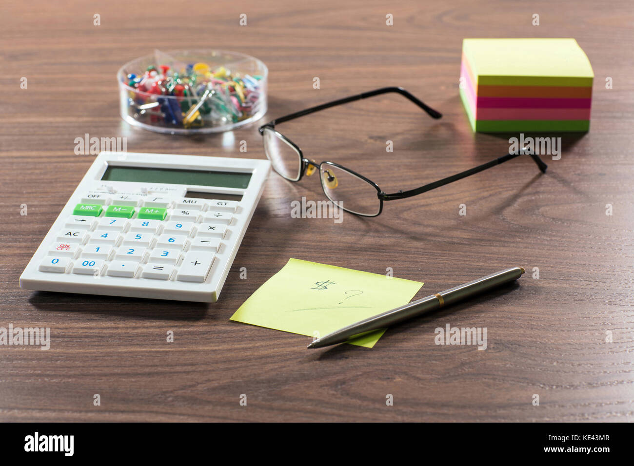 Different stationery objects on wooden table. Stock Photo