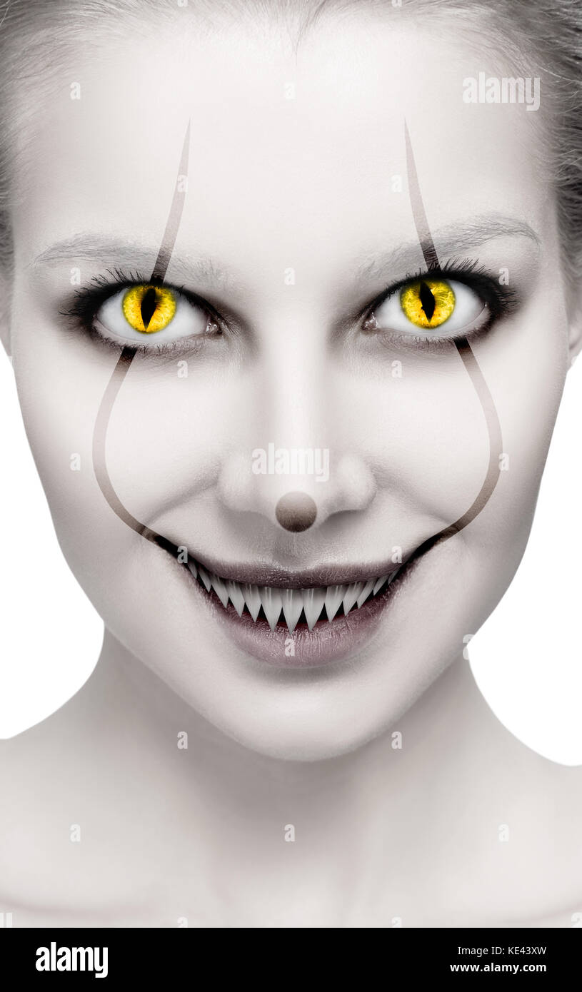 Scary female face with helloween horror grimm. Stock Photo