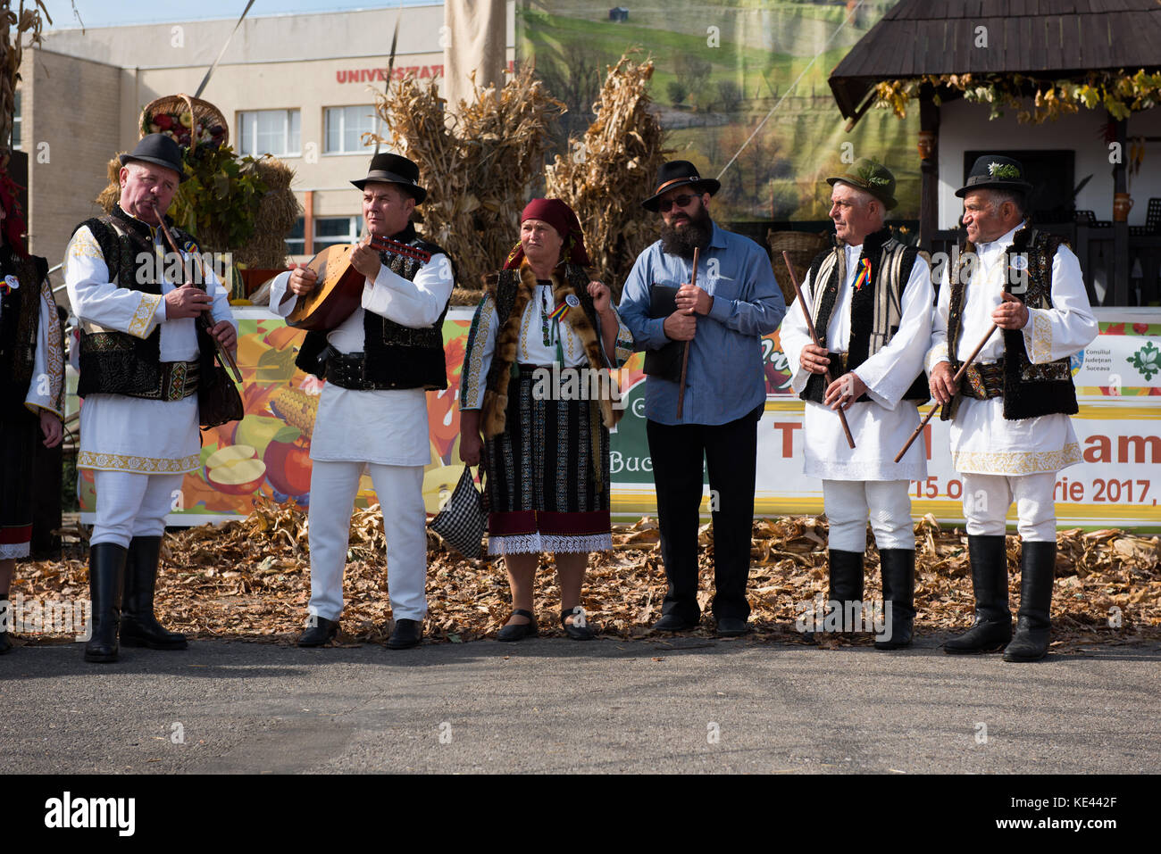 CLUJ NAPOCA, ROMANIA - OCTOBER 15, 2017: A folk band performing Romanian folk music in traditional costumes during the Autumn Fair Stock Photo