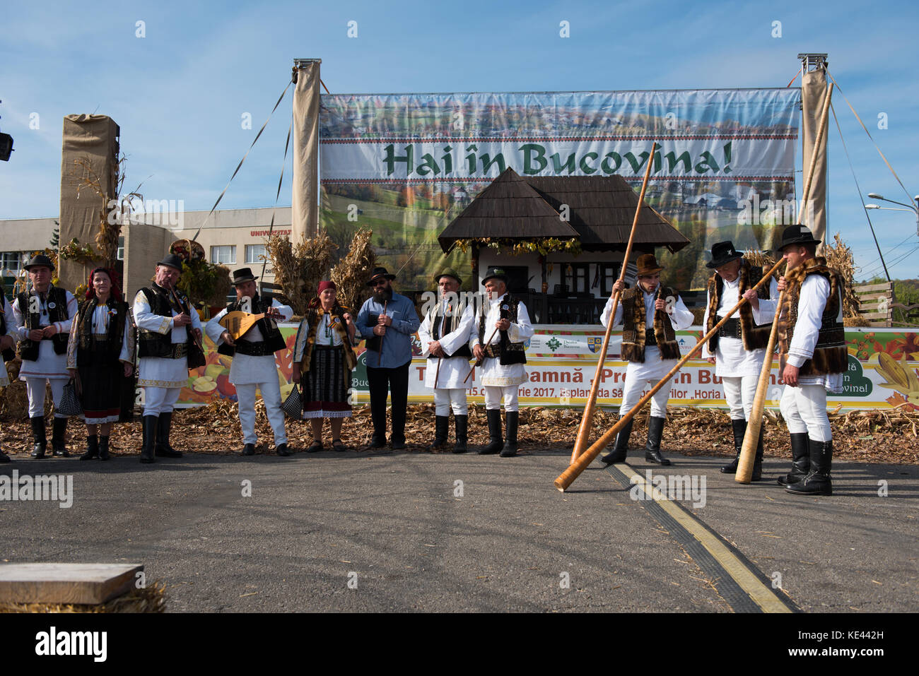 CLUJ NAPOCA, ROMANIA - OCTOBER 15, 2017: A traditional folk band performing Romanian folk music on alphorns during the Autumn Fair Stock Photo