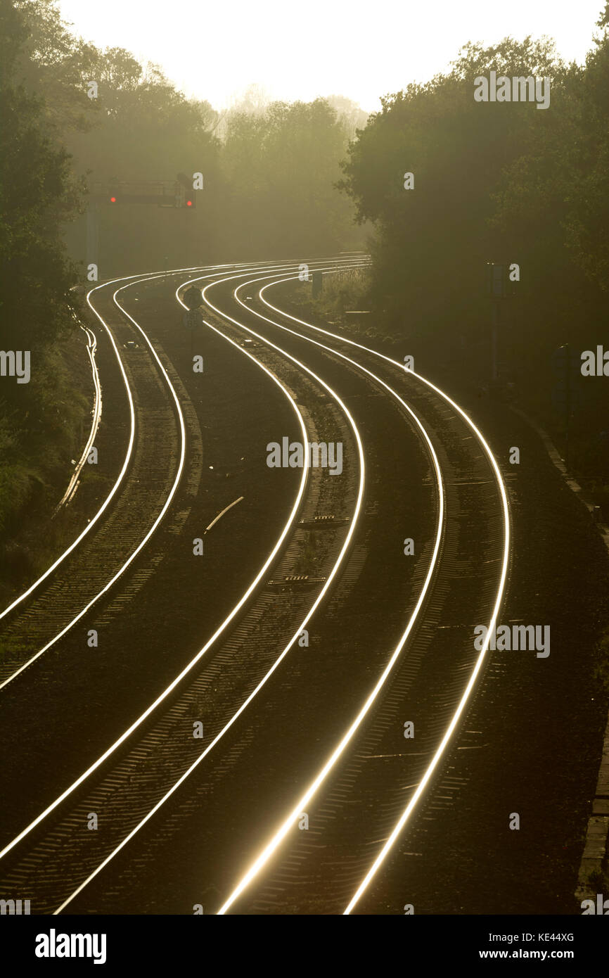 Railway lines winding into the distance, Hatton Bank, Warwickshire, UK