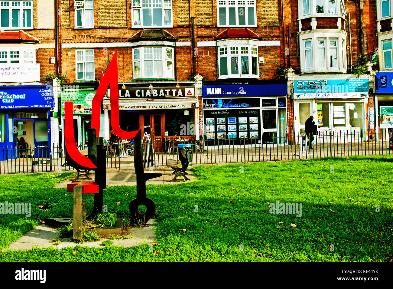 Sculpture and Shops, Catford, London Stock Photo Alamy