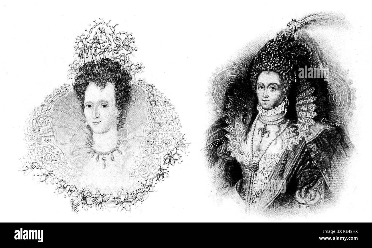 Two Portraits of Queen Elizabeth, Illustrating Wide Ruff and Headress  Elizabethan People (book) Stock Photo