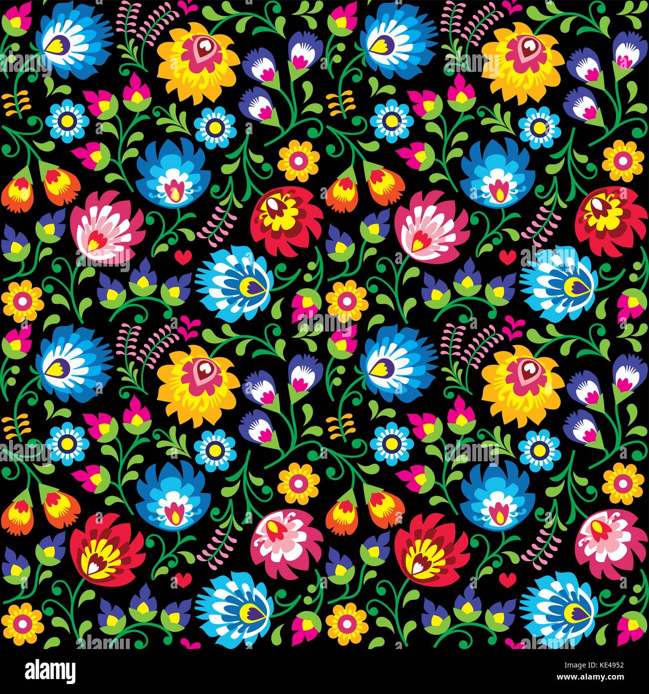 Seamless vector Polish folk art floral pattern - Wzory Lowickie, Wycinanki on black background Stock Vector