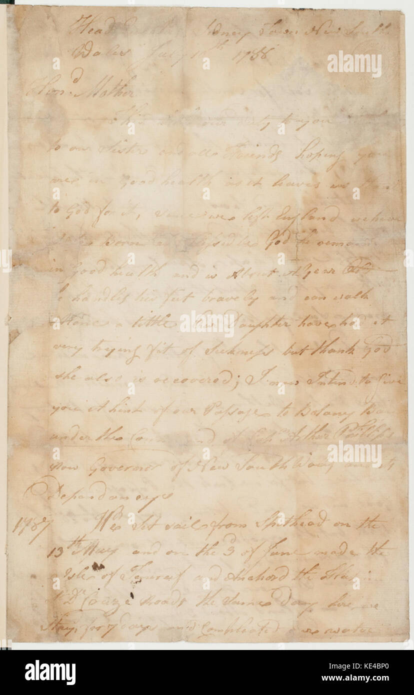 966513 Letter July 10th 1788 Head Quarters Sidney Town New South Wales addressed to Mrs Mary Fogewell Totness Devon Stock Photo