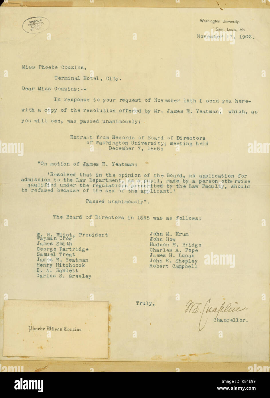 Typescript letter signed W.S. Chaplin, chancellor, Washington University, St. Louis, to Miss Phoebe Couzins, St. Louis, November 17, 1902 Stock Photo