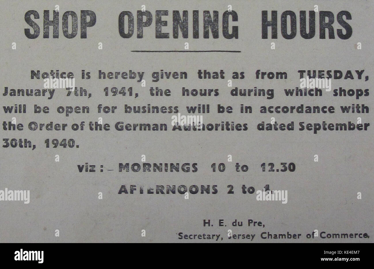 Shop opening hours 1941 Jersey Stock Photo Alamy