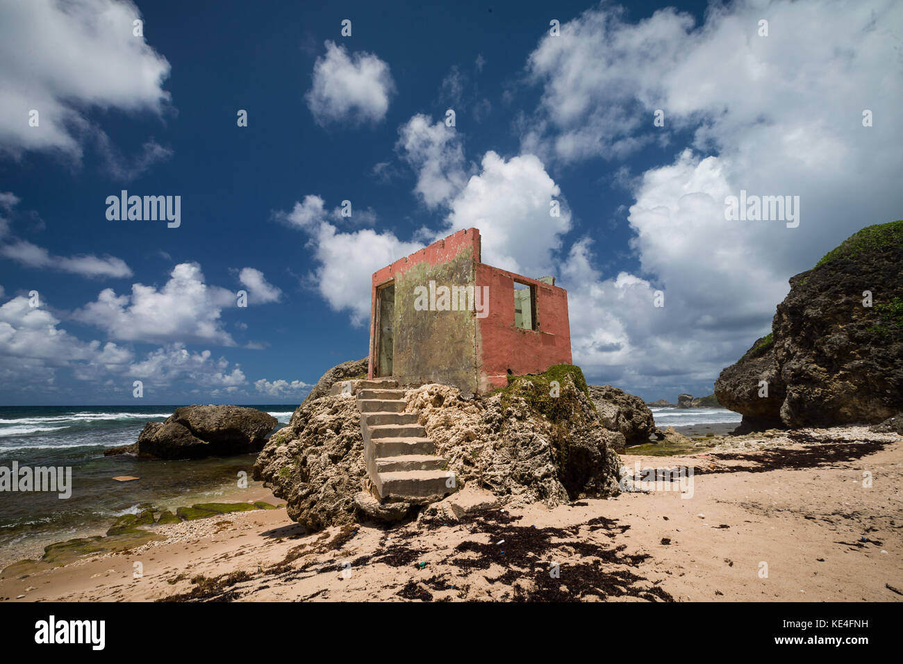 The ruin of an old changing room stands on the rocks at Bathsheba. Caribbean island of Barbados. Stock Photo