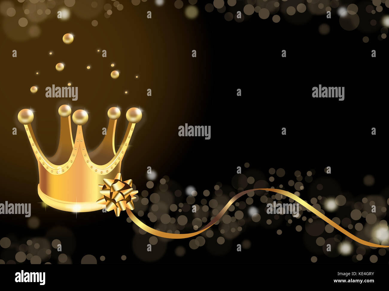Luxurious shining golden crown and ribbon in black background Stock Photo