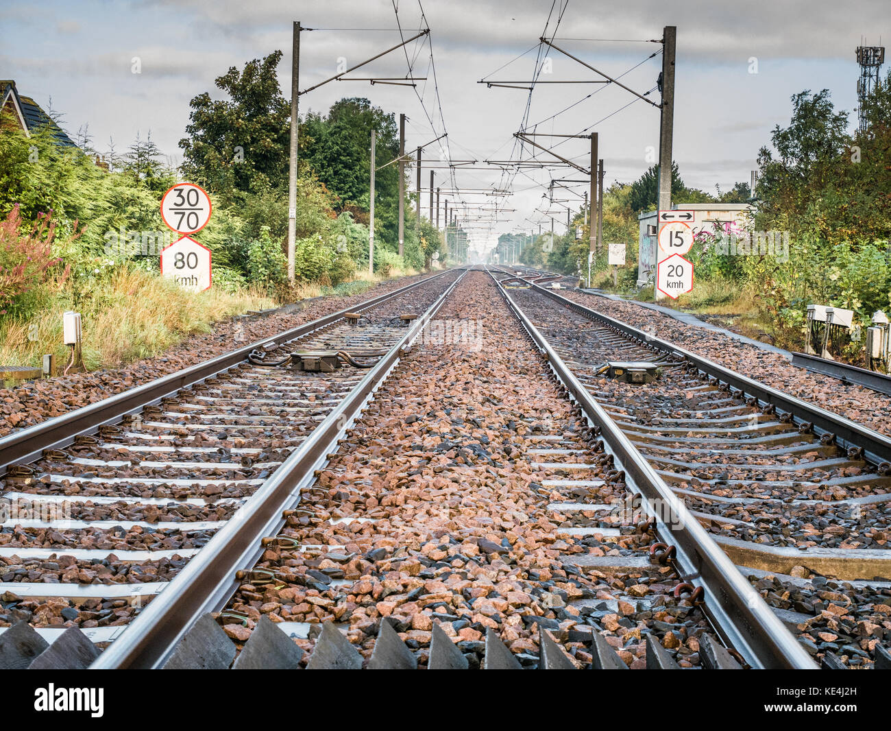 The electric rail line track of the Tyne and Wear metro at East Boldon