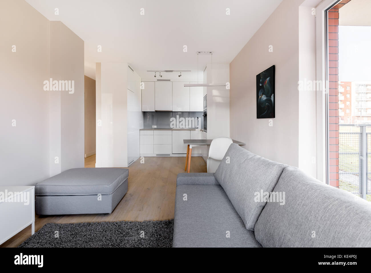 Cozy Apartment With Gray Couch Pouf And Small Kitchen Stock Photo