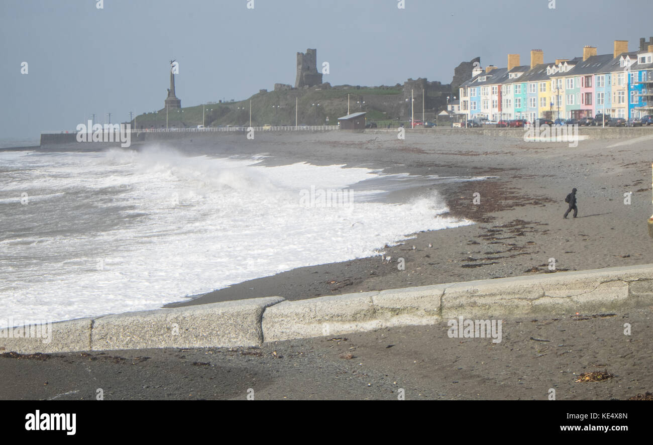 Storm Ophelia,batters,hits,with,strong,gale,force,winds,and huge,waves,coastal,coast,town,Aberystwyth,Cardigan Bay,Ceredigion,Wales,Welsh,UK,U.K., Stock Photo