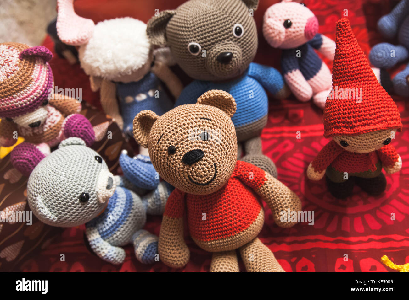 Hamina, Finland - December 13, 2014: Christmas fair in Hamina bastion, handmade knitted toys are on the counter Stock Photo