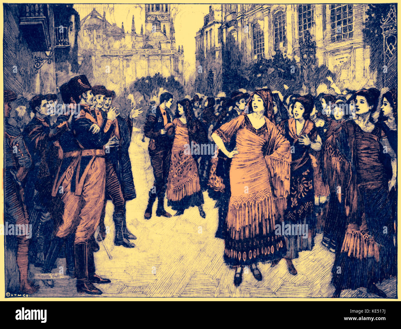 'Carmen' - opera by Georges Bizet. Carmen singing the Habanera aria in the street, 1929. Crowd watching her and applauding.  Scene from Act I. GB, French composer: 25 October 1838 - 3 June 1875. Stock Photo