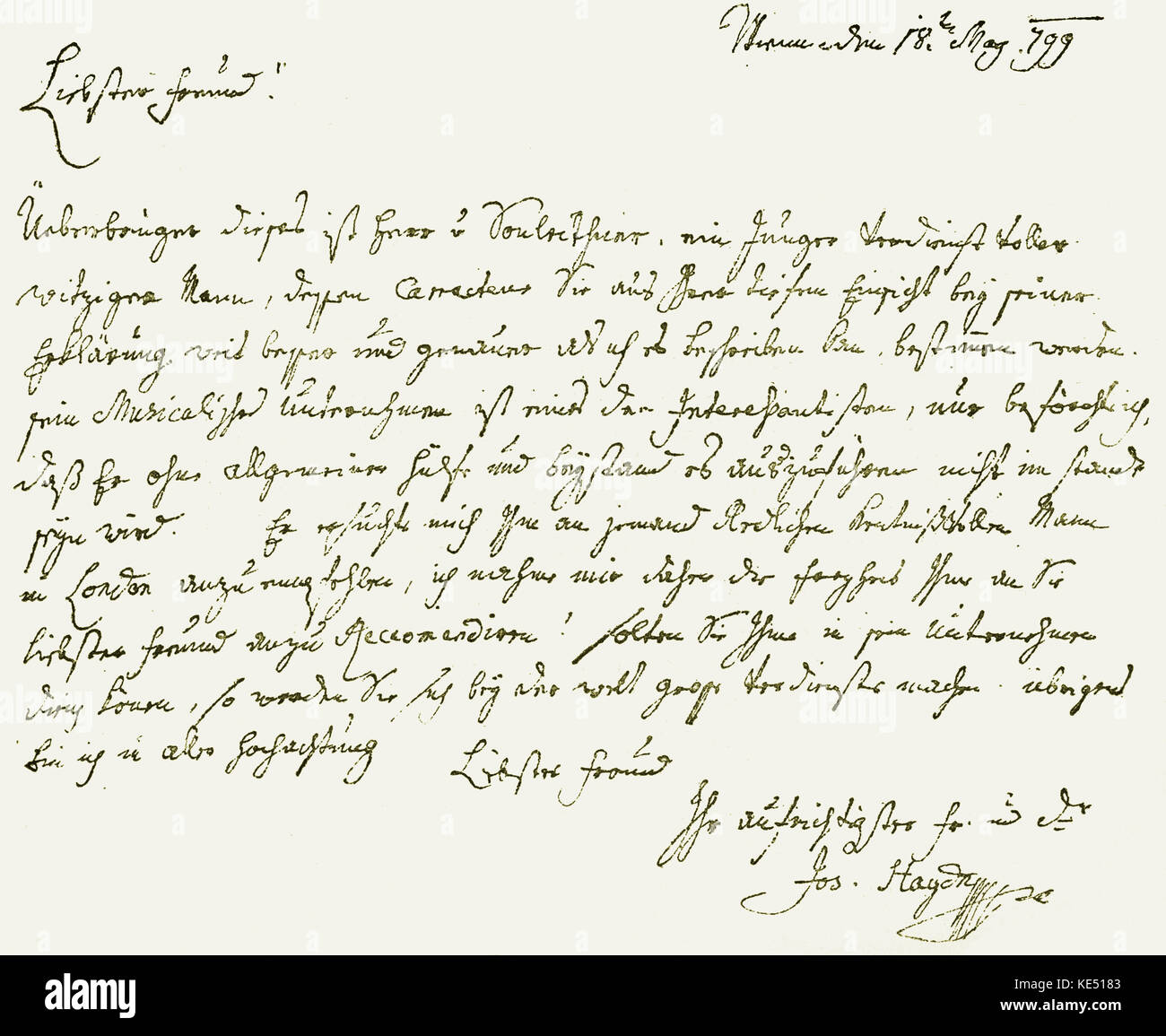 Franz Joseph Haydn - letter from the Austrian composer to Johann Peter Salomon of London. Dated 18 May 1799, Vienna. Translation: 'Dearest Friend, The bearer of this, is a young man of great attainments, and whose character you will, with your deep knowledge of human nature, gauge more accurately than I can describe it to you. His proposed musical enterprise is most interesting, but I fear without help he will not be able to carry it out. He has begged me to recommend him to some capable man in London, and I have therefore taken the liberty of sending him to you. If you can further his object, Stock Photo