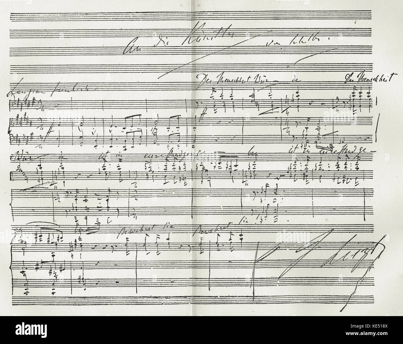 Franz Liszt  score for Friedrich Schiller 's poem 'An die Künstler' (To the Artists). Hand written and signed by the composer. FS:,German poet: 10 November 1759 -  9 May 1805.  FL Hungarian pianist and composer,  22 October 1811 - 31 July 1886. Stock Photo