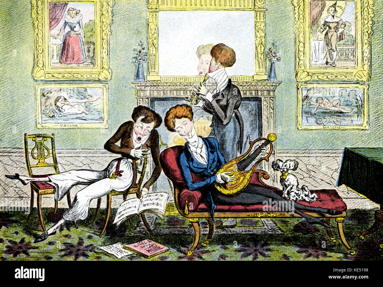 'Hummingbirds' (or 'The Dandy Trio') - English caricature by George Cruikshank, 1819. Three dandies playing musical instruments and singing. GC, English caricaturist: 27 September 1792 - 1 February 1878. Chaise longue. Parlour. Stock Photo