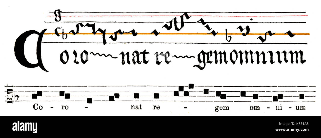Deciphered neume notation The coloured lines fix the relative position of the signs. Neumes. Red indicates F as the tonic and yellow indicates C as the tonic. Stock Photo