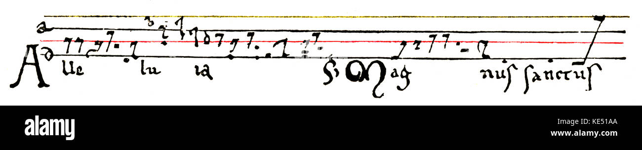 Neume notation of Guido of Arezzo, Italian monk and musical theorist. The coloured lines fix the relative position of the signs. Red indicates F as the tonic. Green indicates C as the tonic. Guido of Arezzo (or Guido Aretinus or Guido da Arezzo or Guido Monaco): 991/992 – after 1033. Neumes Stock Photo