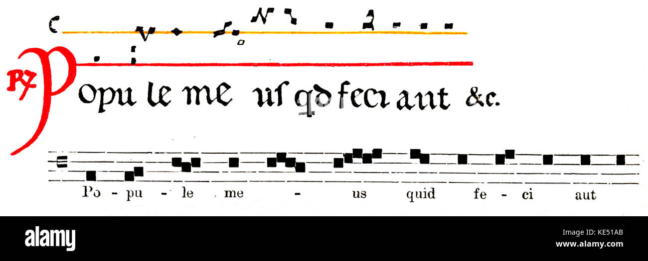 Neume notation of the 11th century. Deciphered by Martini. The coloured lines fix the relative position of the signs. Red indicates F as the tonic and yellow indicates C as the tonic. Stock Photo