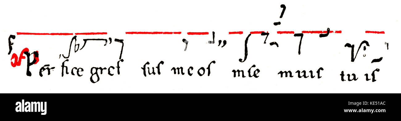 Neume notation of the 10th century. The coloured line fixes the relative position of the signs. Neumes. Red indicates F as the tonic - all melodies based on this began and ended with F. Stock Photo