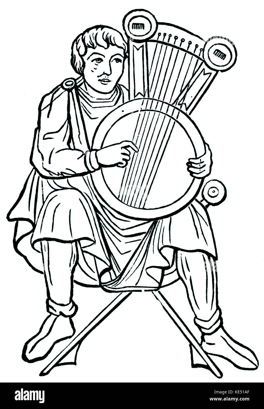 Circular Psaltery played by  musician.12th century. Stock Photo