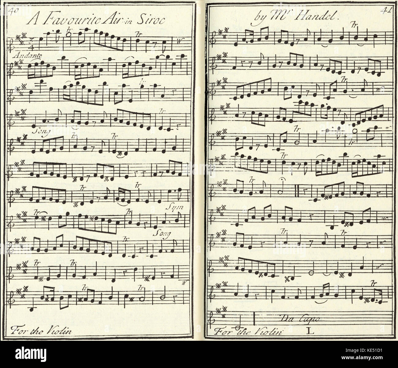 Handel 's operea Siroc ,  music score for the violin,   p40-41-' A favourite air in Siroc, by Mr Handel. '  published in London, 1731. George Frideric Handel, German composer: 23 February 1685 – 14 April 1759 Stock Photo