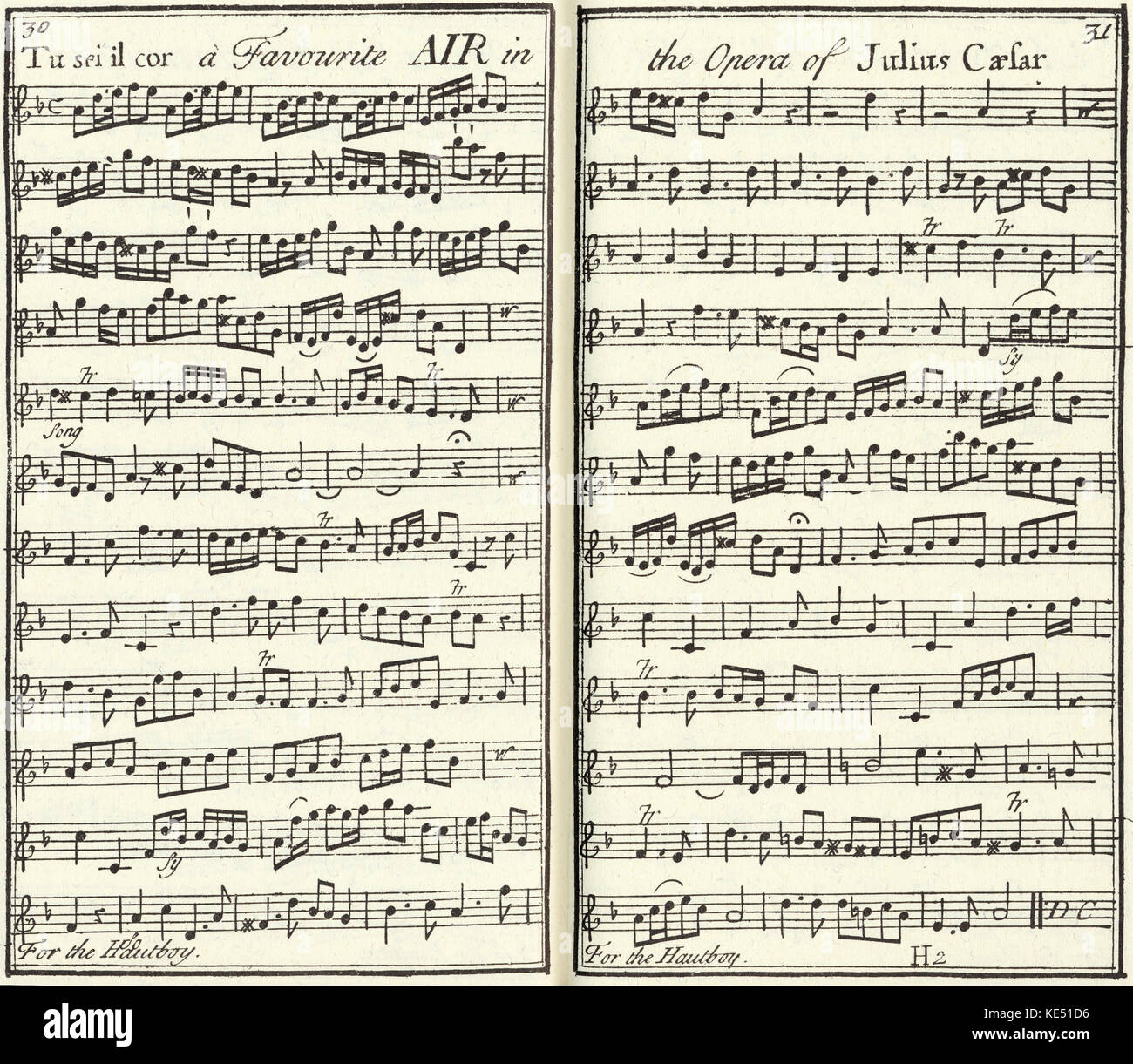 Handel 's score for the opera Julius Caesar,Early  hautboy version.  p.30 -31 : Tu sei il cor, a favourite Air in the opera of Julius Caesar. Published  London, 1731. George Frideric Handel, German composer: 23 February 1685 – 14 April 1759 Stock Photo