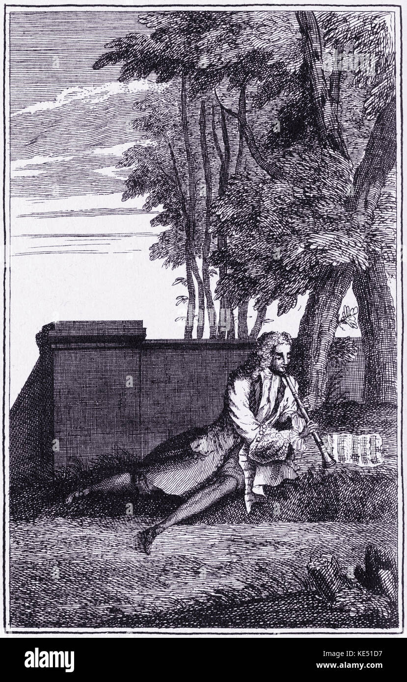 Early 18th century hautboy player, caption reads: Instruction upon the hautboy, in a more familiar method than any extant. 18th century onwards - the instrument was renamed Oboe. From  The Modern Musick-Master or The Universal Musician, published in London, 1731. Stock Photo
