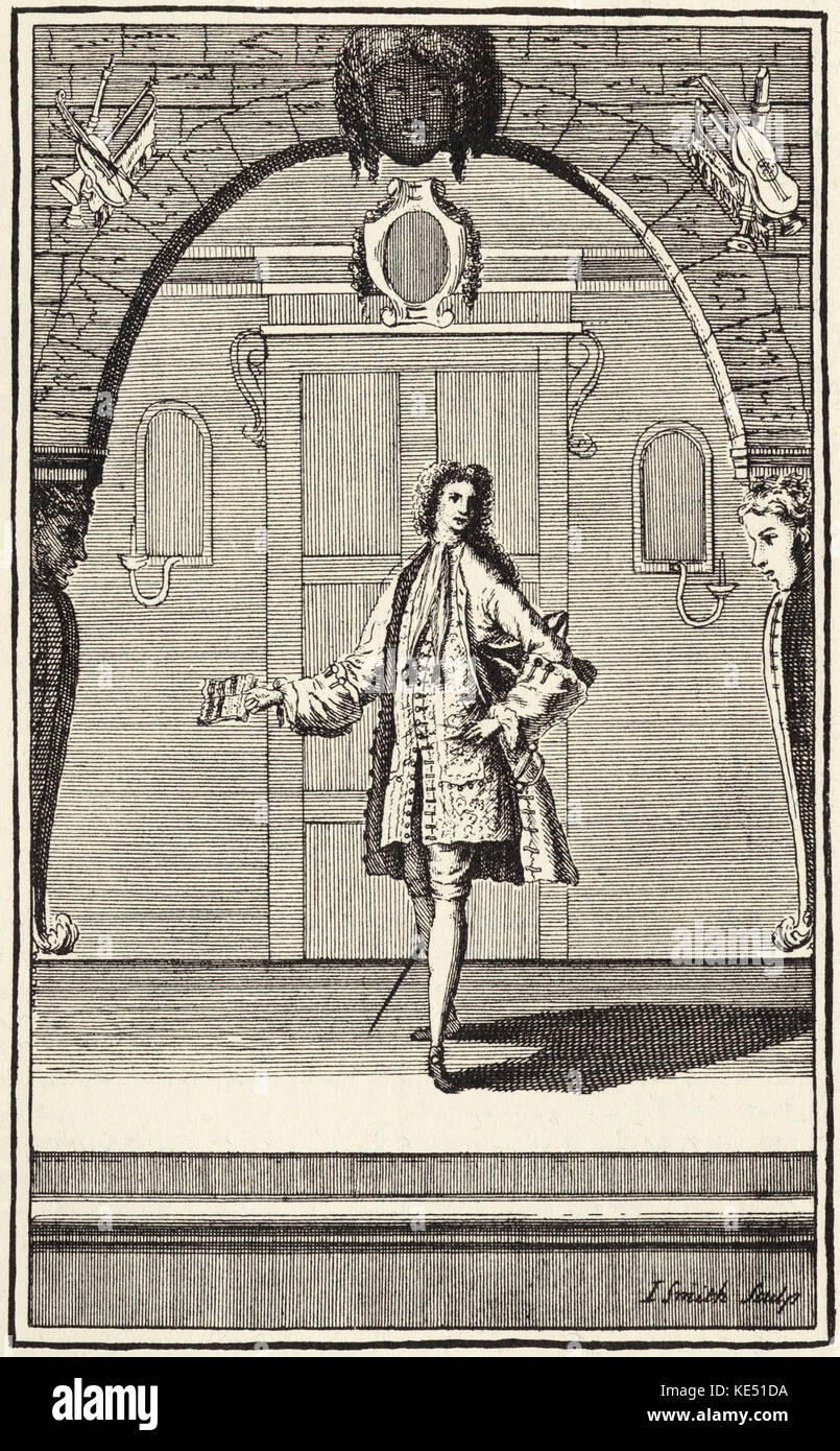 Early 18th century singer, caption reads:'an Introduction to Singing: after so easy a method, that persons of the meanest capacities may (in short time) learn to sing (in tune) any song that is set to musick…' From  The Modern Musick-Master or The Universal Musician, published in London, 1731. Stock Photo
