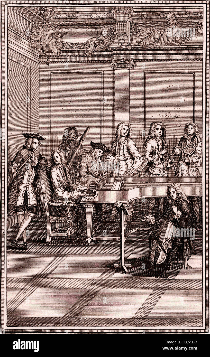 Chamber music ensemble - early 18th century (l-r) flute, harpsichord, bassoon, singer, hautboy/hautbois/oboe, viola da gamba and violin. From the book The Modern Musick-Master or The Universal Musician, published in London, 1731. Stock Photo