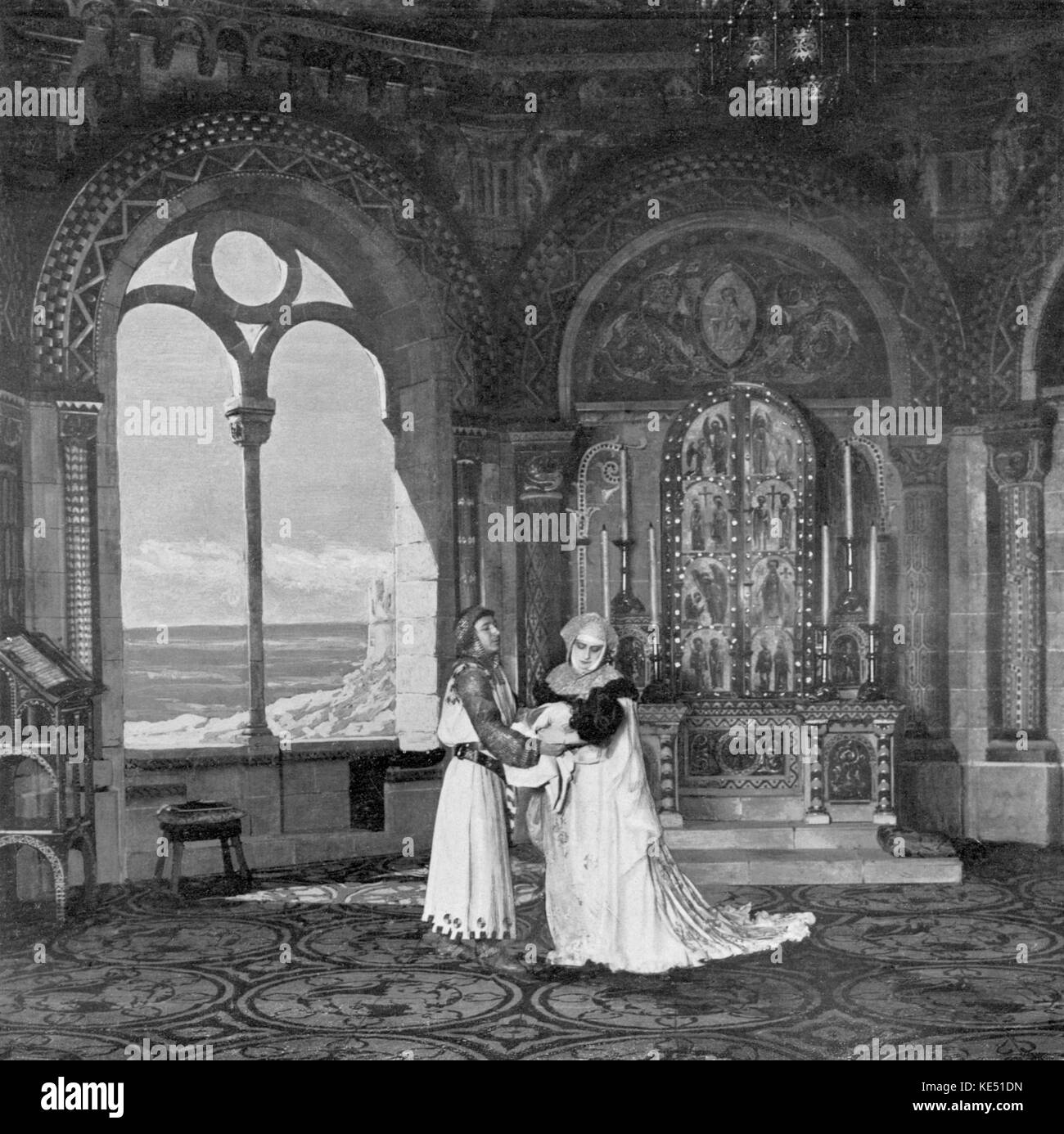 Act I of Jules Massenet 's opera Grisélidis with Hector Dufranne as the Marquis, Lucienne Bréval as Grisélidis and Petit Loys as Petite Suzanne Premiered at the Opéra -Comique, Paris, France, 20 November 1901   JM: French composer, 12 May 1842 - 13 August 1912 HD: French Bass - Baritone,  25 October 1870 - 4 May 1951 LB: French Soprano, 4 November 1869 - 15 August 1935 Stock Photo