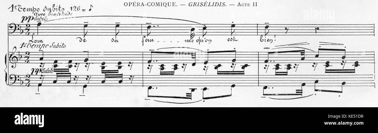 Act II of Jules Massenet 's opera Grisélidis with Lucien Fugére as the Devil and Jeanne-Louise Tiphaine as Fiamina with accompanying score.  Premiered at the Opéra -Comique, Paris, France, 20 November 1901   JM: French composer, 12 May 1842 - 13 August 1912 LF: French baritone, 22 July 1848 - 15 January 1935 JLT: French soprano, 20 Aug 1873 - Sep 1958 Stock Photo