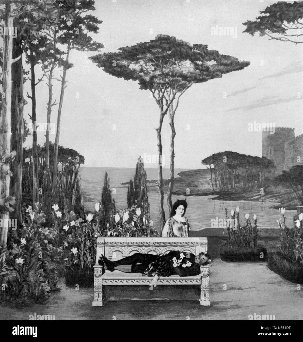 Act II of Jules Massenet 's opera Grisélidis with Lucien Fugére as the Devil, and Jeanne-Louise Tiphaine as Fiamina Premiered at the Opéra -Comique, Paris, France, 20 November 1901   JM: French composer, 12 May 1842 - 13 August 1912 LF: French baritone, 22 July 1848 - 15 January 1935 JLT: French soprano, 20 Aug 1873 - Sep 1958 Stock Photo