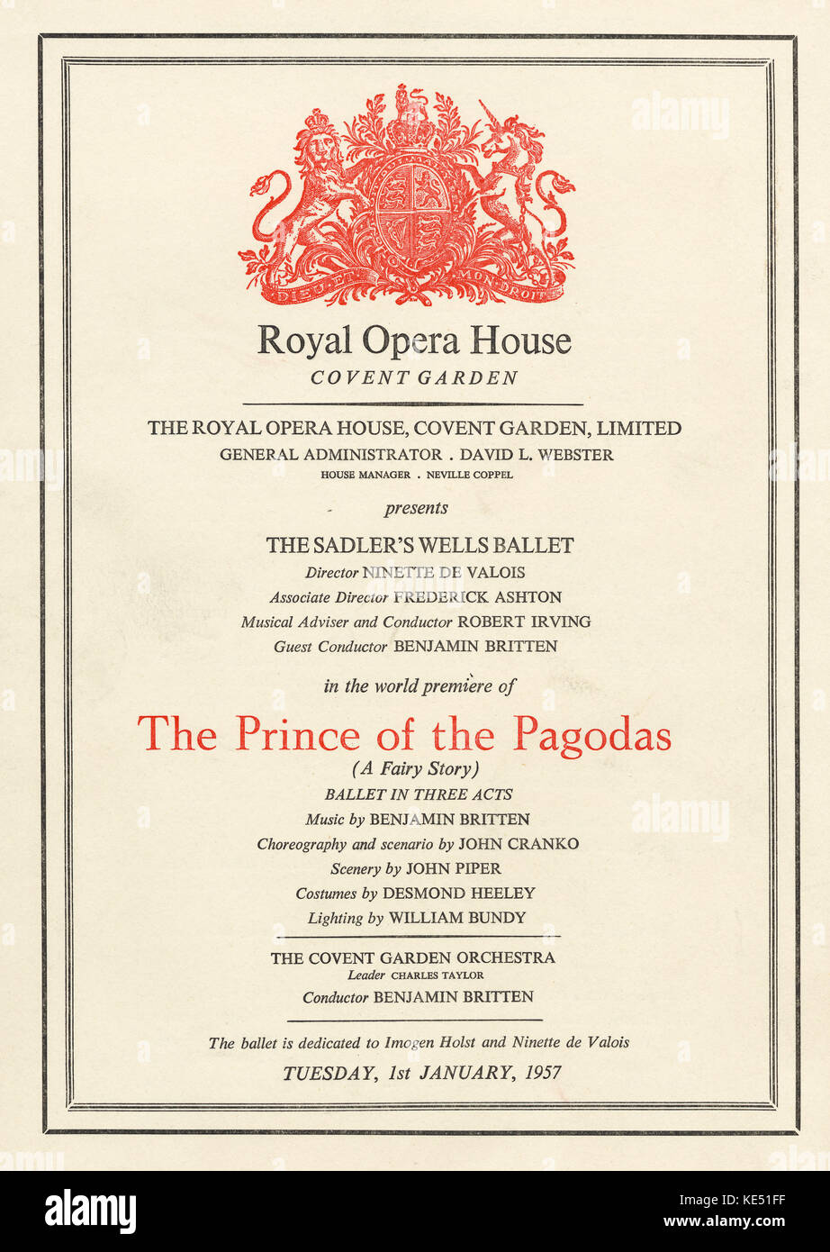 Benjamin Britten 's ballet 'The Prince of the Pagodas' Programe cover for performance by The Sadler 's Wells Ballet at the  Royal Opera House, Covent Garden, with Benjamin Britten conducting The Covent Garden Orchestra.  Tuesday, 1 January, 1957.  Ballet dedicated to Imogen Holst and Ninette de Valois Stock Photo