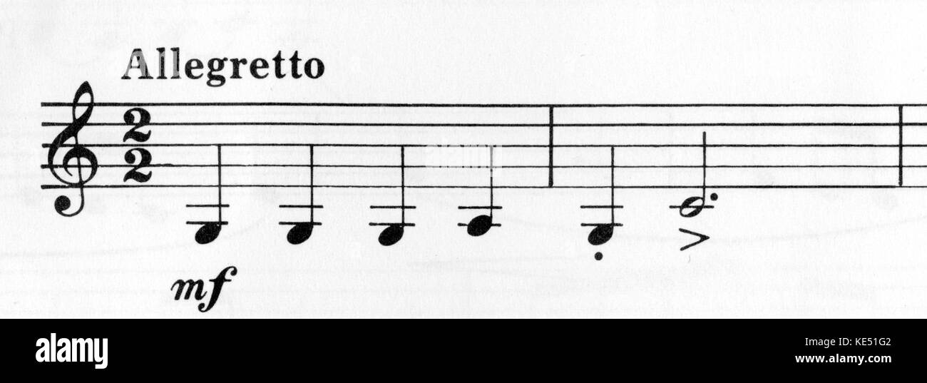 Music notation - Allegretto tempo, 2/2 or cut-time signature, notes, staccato accent & horizontal accent. Stock Photo