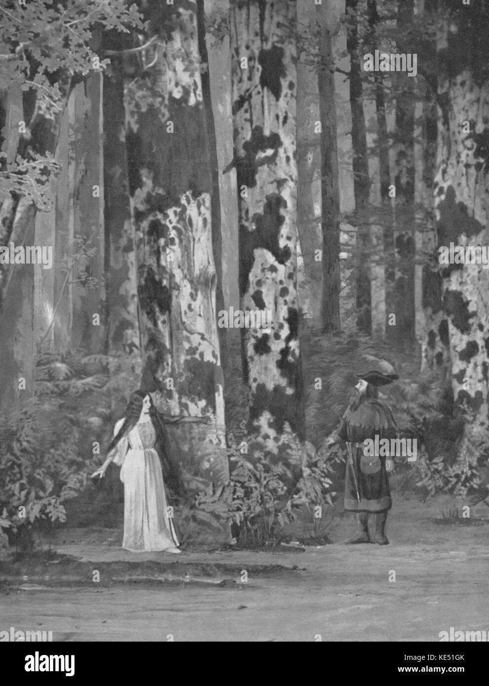Claude Debussy 's opera PELLÉAS ET MÉLISANDE - 1st Tableau - Golaud ( Hector Dufrane - Belgian baritone) meets Mélisande, (Mary Garden -Scottish soprano)   at the Opéra-Comique, Paris.  Debussy, French composer, 22 August 1862 - 25 March 1918. Stock Photo